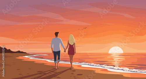 Young caucasian couple walking at sunset beach with vibrant sky and ocean waves. Vector illustration