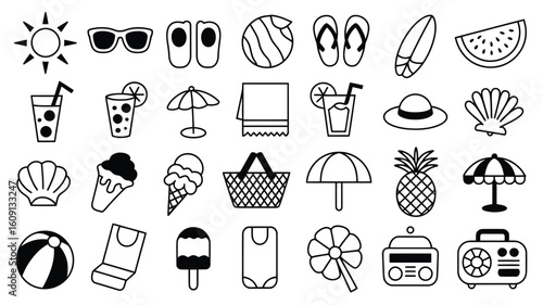 Black and White Summer Icons Collection Beach Vacation Doodle Style Sun Sunglasses Flip Flops