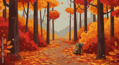 Autumn forest pathway with vibrant foliage and backpack amidst falling leaves. Vector illustration