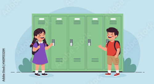 Asian children with backpacks smiling near school lockers in cartoon style. Vector illustration