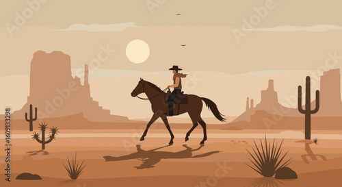 Lone female horse rider in desert landscape with cacti and mesas at sunrise. Vector illustration