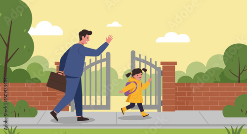 Smiling caucasian father and daughter walking together outdoors on a sunny day. Vector illustration