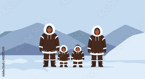 Inuit family in winter attire amidst snowy arctic landscape. Vector illustration