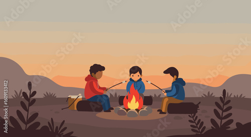 Multiracial teens enjoying campfire in nature at sunset. Vector illustration