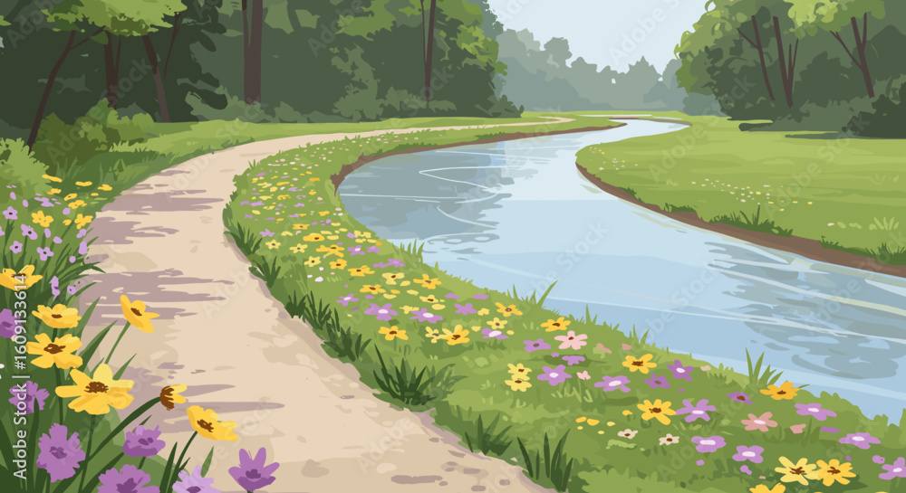 Obraz premium Serene river pathway with colorful wildflowers in a tranquil forest setting. Vector illustration