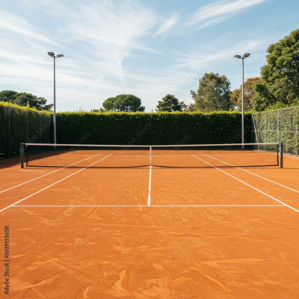 Fototapeta premium Clay Tennis Court with Net Under Blue Sky