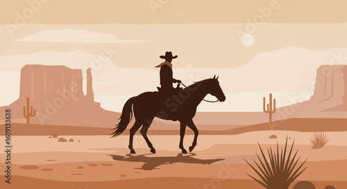 Cowboy silhouette in desert landscape with horse and cacti under evening sky. Vector illustration