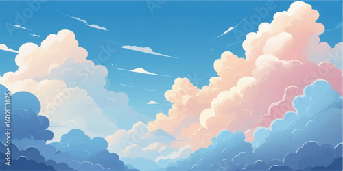 Blue sky with fluffy white clouds, a beautiful cloudscape of nature's light and atmosphere