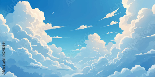 A beautiful blue sky with white clouds, capturing the serene light and atmosphere of a clear summer day
