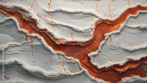 Abstract landscape showing orange river carving through white sedimentary rock layers.