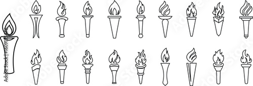 Flame or fire torch icons set in line vector styles. Burning flame group, heat symbol collection, Olympic torch, medieval light, festival fire, camping flare and survival torch illustrations.