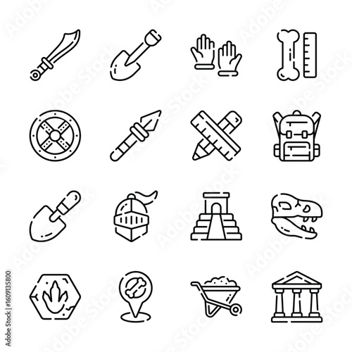 Get this handy collection of archeology research outline style icons