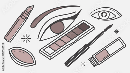 Illustrative eye makeup set with eyeshadow palette, mascara, eyeliner and beauty blender for cosmetics tutorial