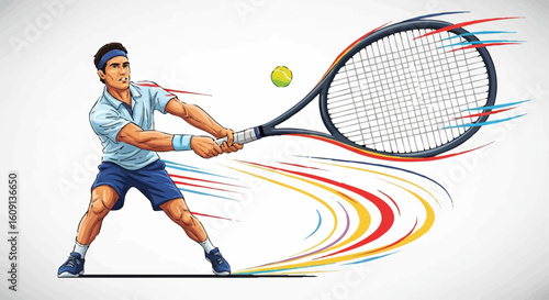 Energetic male tennis player performing a forehand swing with colorful motion trails
