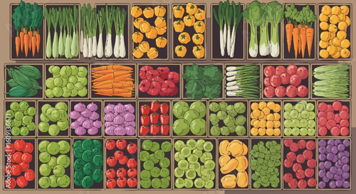 A colorful flat lay illustration of fresh farm produce arranged neatly in wooden crates.