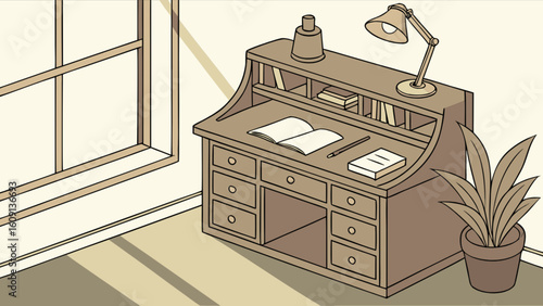 Illustration of antique wooden desk with lamp book and plant in a cozy room interior design concept