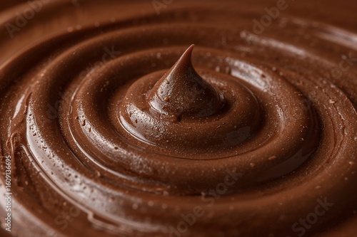 A close up view of swirls of rich dark chocolate with a small peak in the center of the image
