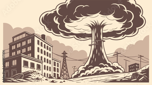 Nuclear explosion atomic bomb mushroom cloud in city landscape vector illustration design graphic art