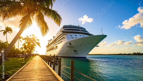 Cruise ship at sunset, tropical dock