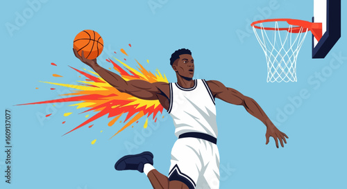 Illustration of an athletic basketball player in mid-air performing a powerful slam dunk