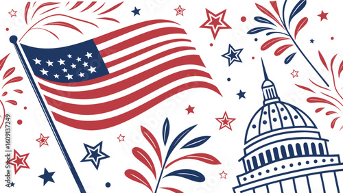 Celebrate independence day with american flag fireworks and capitol building vector graphic design element