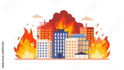 Disaster illustration of city buildings on fire burning with flames and smoke destruction and danger scene