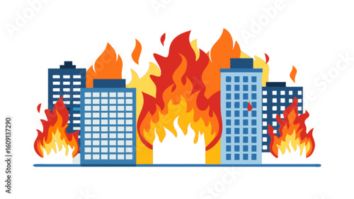 City buildings on fire disaster emergency situation vector illustration design for safety and crisis management