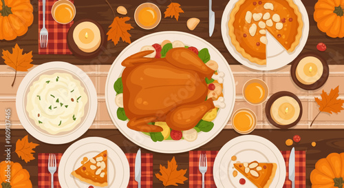 Festive Thanksgiving dinner table with roasted turkey, pumpkin pie, and autumn decorations