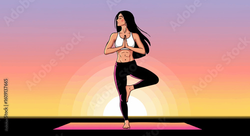 Vector illustration of a serene woman practicing yoga tree pose during a vibrant sunrise