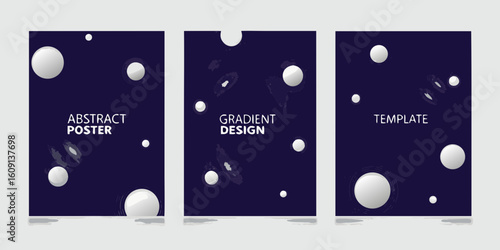 Three abstract dark blue posters with white spheres and subtle brush strokes
