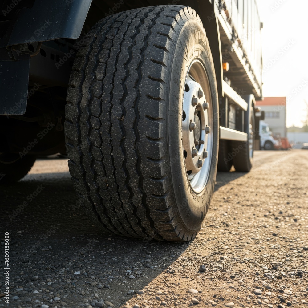 Naklejka premium Heavy Duty Truck Tire on Gravel Surface
