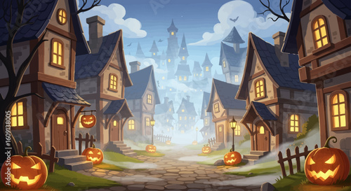 Spooky Halloween Town Cartoon Illustration of a Village with Jack-o'-lanterns