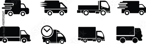 Delivery truck icon set in flat vector styles. Shipping vehicle collection, cargo transport group, logistic symbol set, freight service design, courier van, distribution illustration.