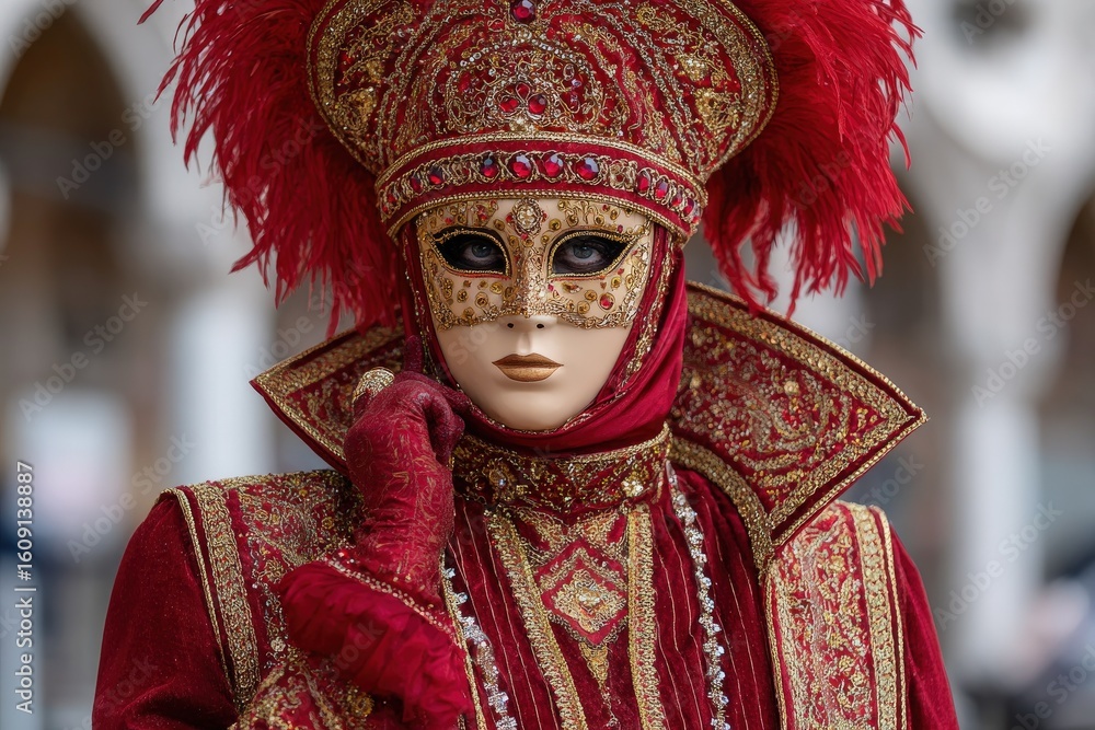 Person in elaborate redgold costume with mask and feathered headdress evoking Venetian Carnival Person in elaborate redgold costume with mask and feathered headdress evoking Venetian Carnival