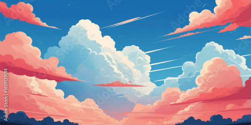 Bright, beautiful red and blue clouds fill the sky, creating a fluffy summer cloudscape