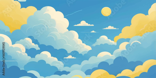 Bright summer sky with fluffy clouds, sun rays, and a hint of rainbow, perfect for a nature illustration