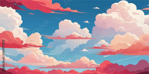 Pink clouds drift through the bright blue sky, a beautiful and abstract cloudscape