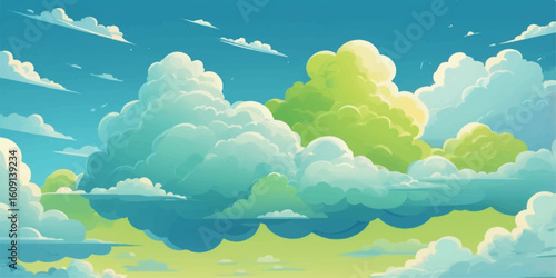 Majestic mountain landscape with blue sky, clouds, and sun