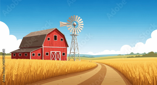 Rural farm landscape with a red barn, windmill, and golden wheat field under a blue sky