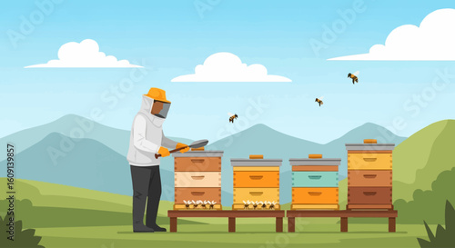Beekeeper in a protective suit managing beehives at an apiary in a mountain landscape.