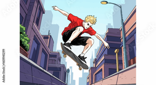 Anime style illustration of a young man skateboarding and jumping in an urban city setting