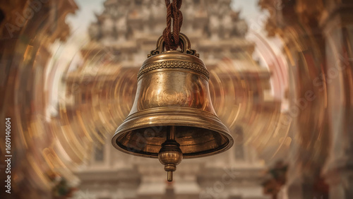 macro shot of swinging brass temple bell in motion, clapper blurred, with saffron-vermilion soundwave overlays. Temple backdrop, rich textures, and a blend of tradition and sensory design.