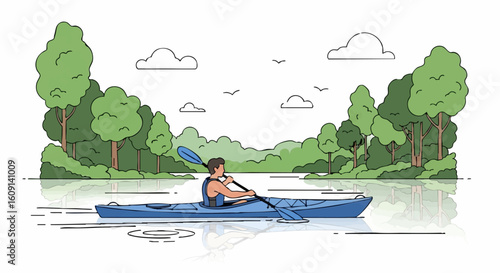 Person kayaking on a tranquil river surrounded by lush green trees and a clear sky