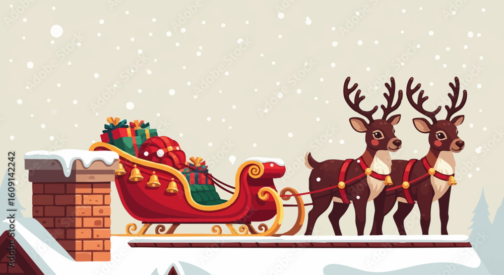 Fototapeta premium A festive holiday sleigh with a reindeer team on a snowy rooftop, vector graphic illustration