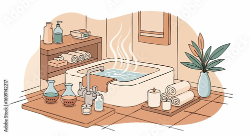 Relaxing spa bathroom scene with a hot tub and aromatherapy for wellness. Vector illustration art.