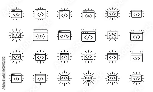 Digital Technology, IT, and Networking Icons Set: Software, Hardware, Data, and Connectivity Symbols