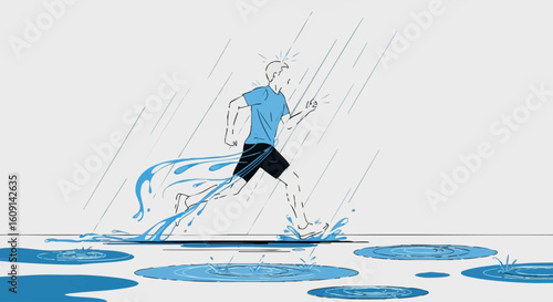 Dynamic illustration of a young man running through puddles in the pouring rain