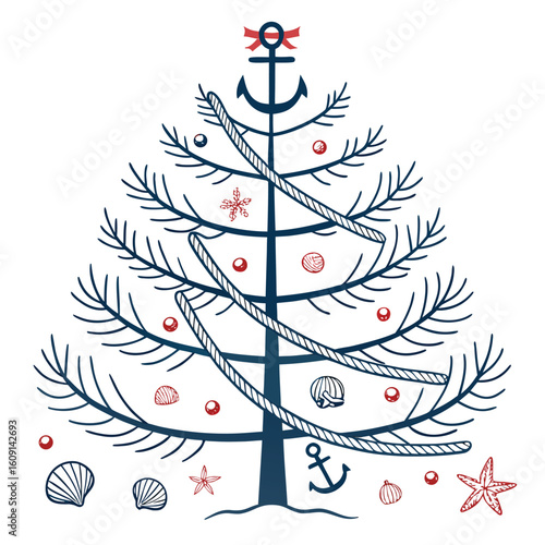 coastal nautical christmas tree with anchors, ropes, and ship accents, a unique sea theme.
