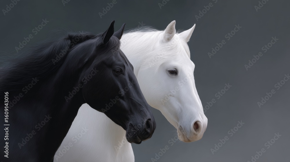 Obraz premium Majestic black and white horses stand side by side. Their beauty captures the essence of strength and elegance. This image embodies harmony in nature. Perfect for equine beauty. AI