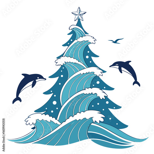 dynamic ocean wave christmas tree with soothing blue gradients, evoking the calming sea.